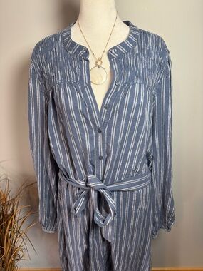 NWT Caslon Blue Striped Linen Blend Maxi Shirt Dress Belted 2X Nordstrom